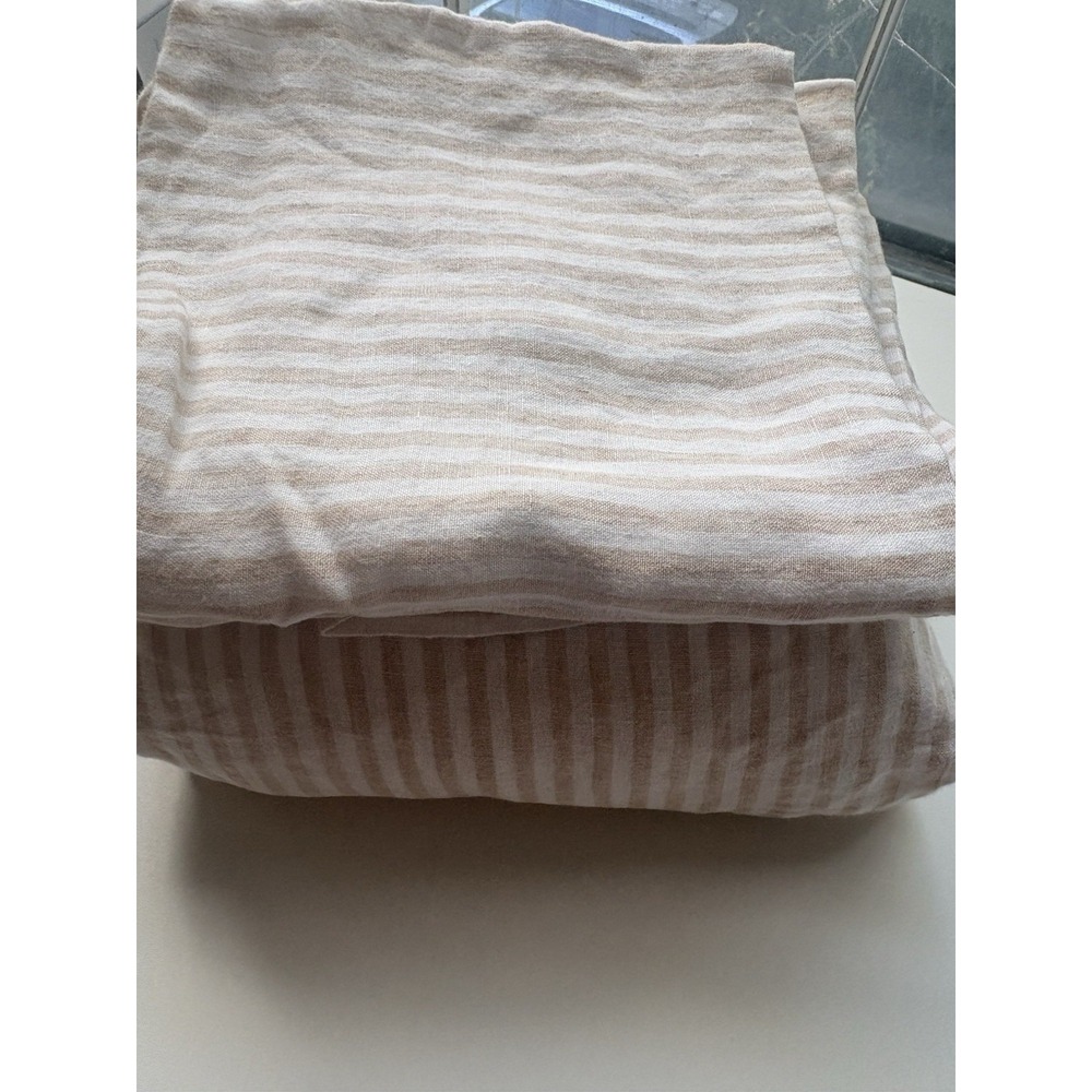 Quince European Linen Fitted Stripe Sheet Set Natural/White Stripe King 3PCS Set - Picture 2 of 3